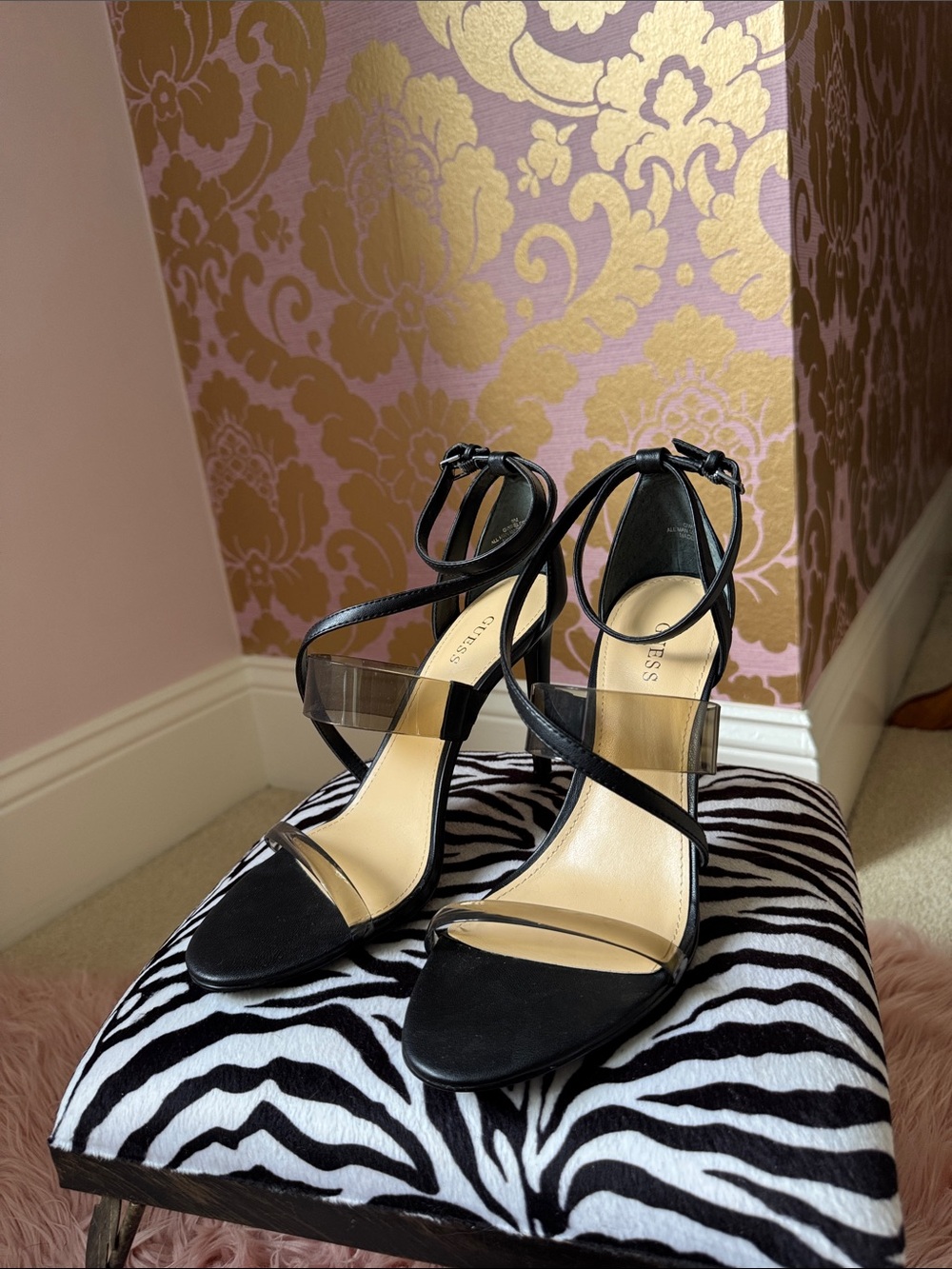 GUESS Black Strappy Clear-Panel Heeled Sandals